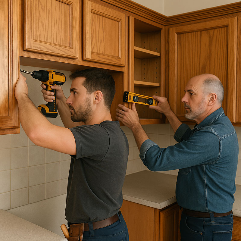 Cabinet installers using tools to align upper cabinets during installation.